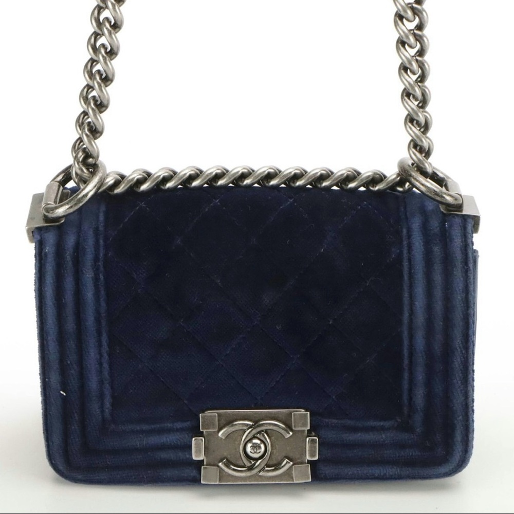 Chanel Mini Boy Flap Bag Blue Quilted Velvet 2010s Authentic Pre-Owned